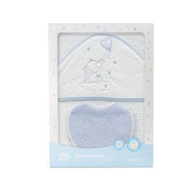 Set de Toalla con Capucha y Babero Elefante Blanco/Azul