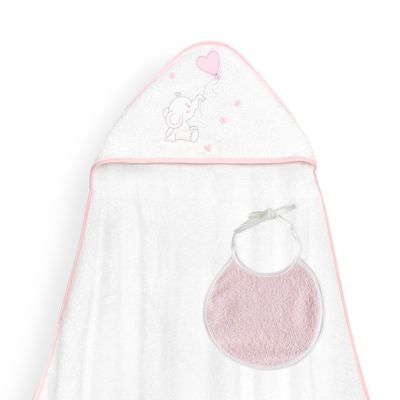 Set de Toalla con Capucha y Babero Elefante Blanco/Rosa