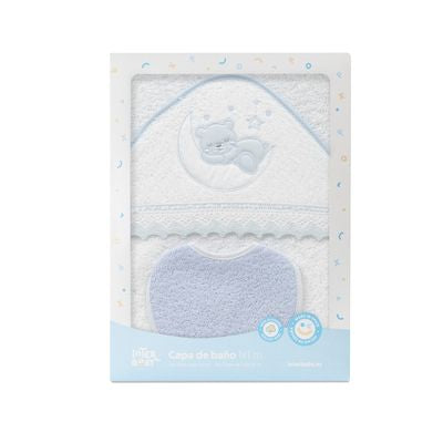 Set de Toalla con Capucha y Babero Osito Blanco/Azul