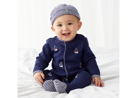 Pijama con Pies y Gorrito Marinero New Born Azul Marino